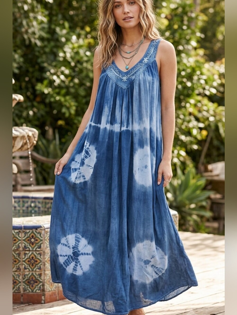 Vintage IN GEAR Tie Dye Maxi Dress Embroidered Neckline Blue One Size OS